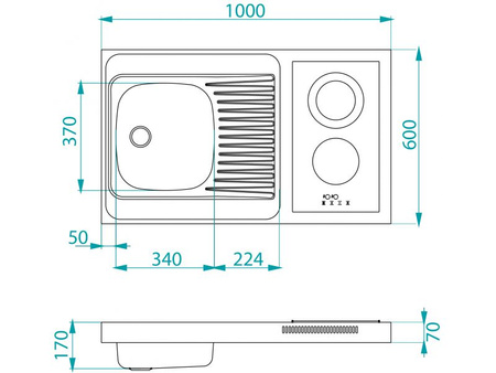 COMBI CERAL 100 sat prawy (100X60) zlew nakładany z kuchenką elektryczną