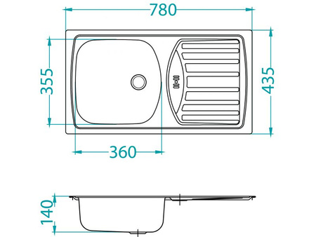BASIC 150 SAT 78x43.5 1K inset sink + stopper drain with trap 