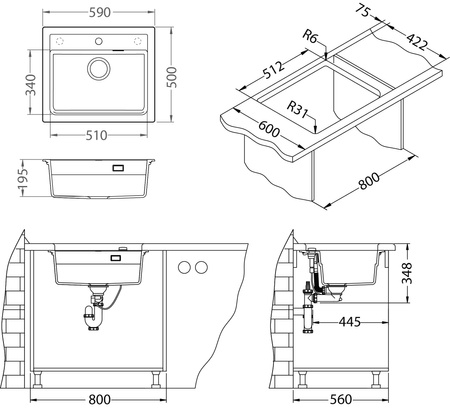 ATROX 30 col. 22 PIASEK Granital sink 1 compartment. with POP-UP 3 1/2 siphon"