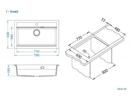 ATROX 40 kol. 81 BETON Granital sink (790 x 500) 1 compartment. with POP-UP 3 1/2 siphon"