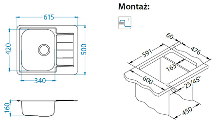 Monarch LINE 110 MIEDŹ 61,5x50 1k zlew wpuszczany z odpływem zatyczkowym fi 114 z syfonem