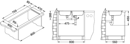 BASIC 160 LEN 78x43.5 2K fi 114 inset sink + stopper drain with trap