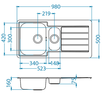 LINE 10 SAT Standard 98x50 1 1/2K inset sink with plug drain fi114 with trap