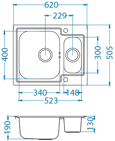 LINE MAXIM 50 SAT FS 615x500 1 1/2 zlew wpuszczany i na równi z blatem z syfonem pop up