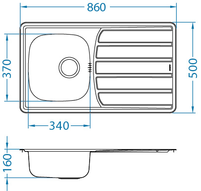 ZOOM 30 LEN 86x50 1K inset sink + stopper drain with trap