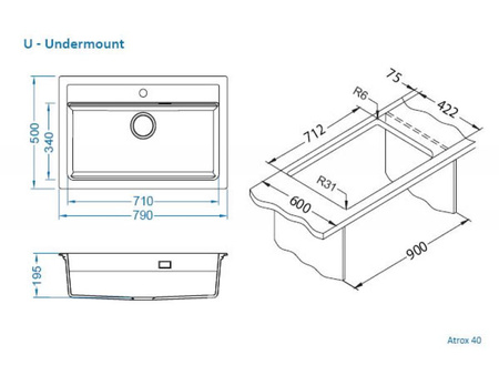 ATROX 40 kol. 81 BETON Granital sink (790 x 500) 1 compartment. with POP-UP 3 1/2 siphon"