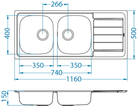 LINE 100 NAT Standard 116x50 2k inset sink with plug drain fi114 with trap