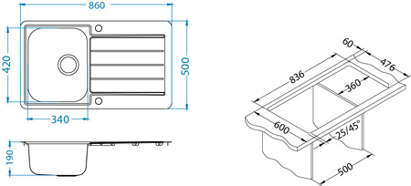 LINE MAX 20 SATIN steel sink 860 x 500 mm with pop-up siphon