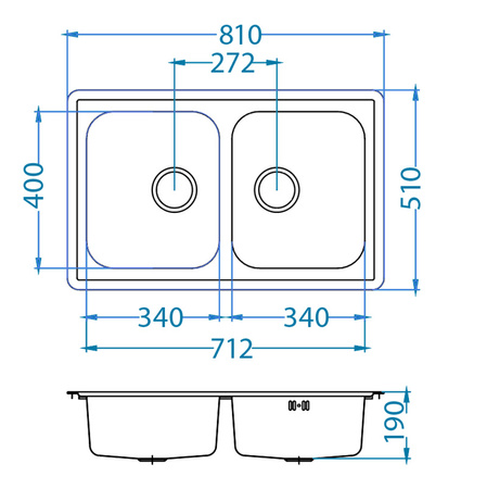 ELEGANT 40 LEN 81x51 2K inset sink, plug drain with trap