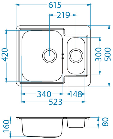 LINE 50 LEN Standard 61.5x50 1 1/2K inset sink with plug drain fi114 with trap
