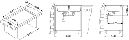 ELEGANT 40 LEN 81x51 2K inset sink, plug drain with trap