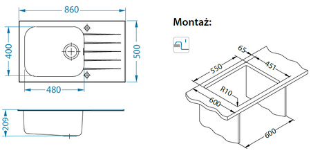 GLASSIX 40 PUSH UP 860x500mm satyna - czarny