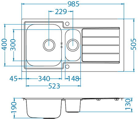 LINE MAXIM 10 SAT FS 985x505 drop-in sink with pop up siphon