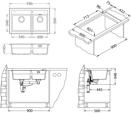 ATROX 50 kol. 11 White Granital 2 compartment sink. with POP-UP 3 1/2 siphon"
