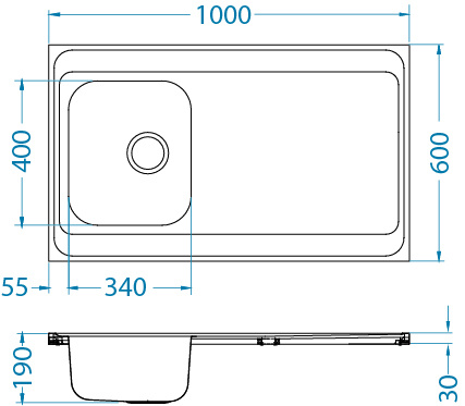CLASSIC Pro 70 SAT 100x60 1K overlay sink with drainer + stopper drain with siphon