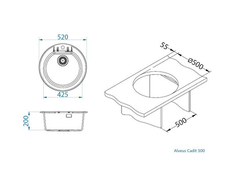 CADIT 100 kol. 81 BETON (fi 425 x 200 mm) Granital kom sink. with manifold siphon 3 1/2"