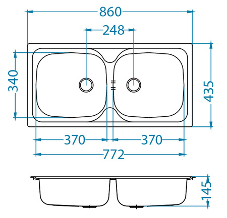 BASIC 70 SAT 86x43.5 2K inset sink + stopper drain with trap