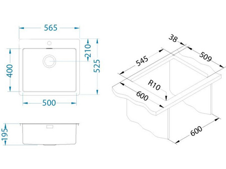 Monarch PURE 70 MERCURY QC steel sink 565x525mm Quick Close drain