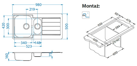 Monarch LINE 10 MIEDŹ 98x50 1,5k zlew wpuszczany z odpływem zatyczkowym fi 114 z syfonem