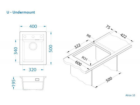 ATROX 10 kol. 81 BETON zlew Granital (400 x 500) 1 kom. z syfonem POP-UP 3 1/2"