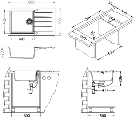 CADIT 40 kol.  91 BLACK (860x500) Granital 1 compartment sink. with POP-UP 3 1/2 siphon"