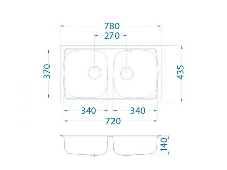 BASIC 160 SAT 78x43.5 2K fi 114 inset sink + stopper drain with trap