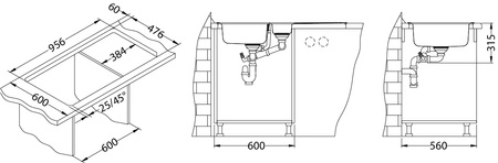 LINE 10 SAT Standard 98x50 1 1/2K inset sink with plug drain fi114 with trap