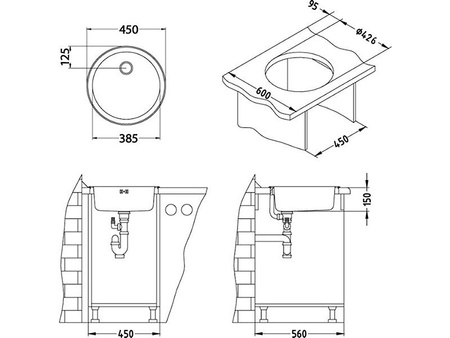 FORM 10 LEN 45x15.5 1K inset sink + stopper drain with trap