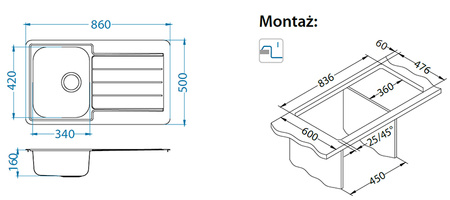 Monarch LINE 20 ANTRACYT 86x50 zlew wpuszczany zodpływem zatyczkowym fi 114 z syfonem