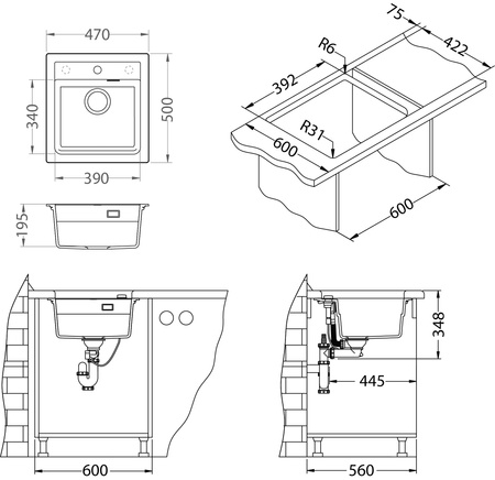 ATROX 20 BLACK EDITION kol. 91 CZARNY zlew Granital 1 kom. z syfonem manualny 3 1/2" - SYFON BLACK