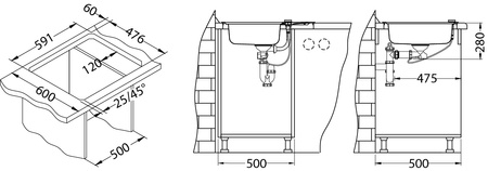 LINE 60 SAT Standard 61,5x50 1K zlew wpuszczany z odpływem zatyczkowym fi114 z syfonem